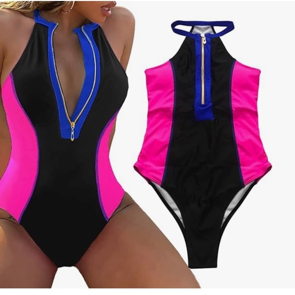 Cute One Piece Swimsuit for Women Long Sleeve Zipper Cut Out Colorblock - Picture 2 of 3
